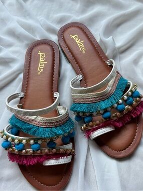 Palms Multi Color Vibrant Boho Indie Slip On Embellished Fringe Summer Sandals 7